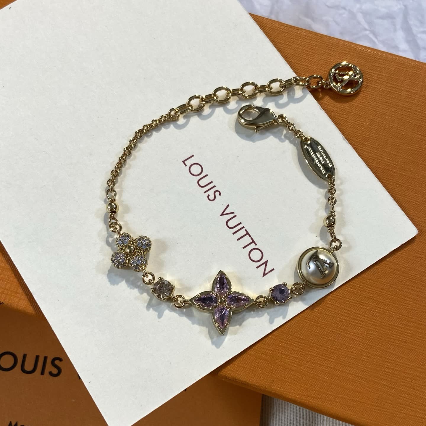 Louis Vuitton Gold Tone Bracelet with Purple Stones-LS0744
